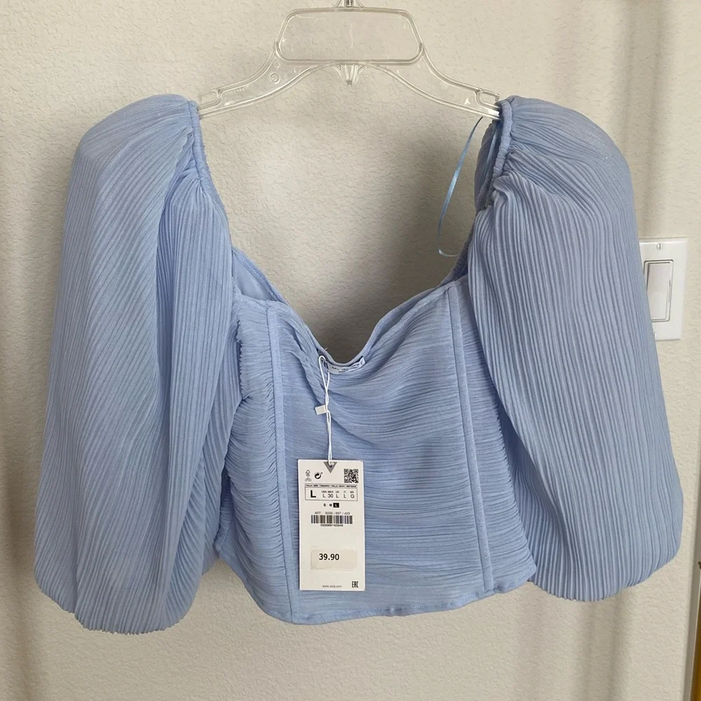 Zara Organza Top Puff Sleeve - Pastel Blue - Picture 5 of 9
